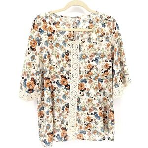 EVERLEIGH Multicolor Floral Embroidered 3/4 Sleeve Boho Top XL Cottagecore